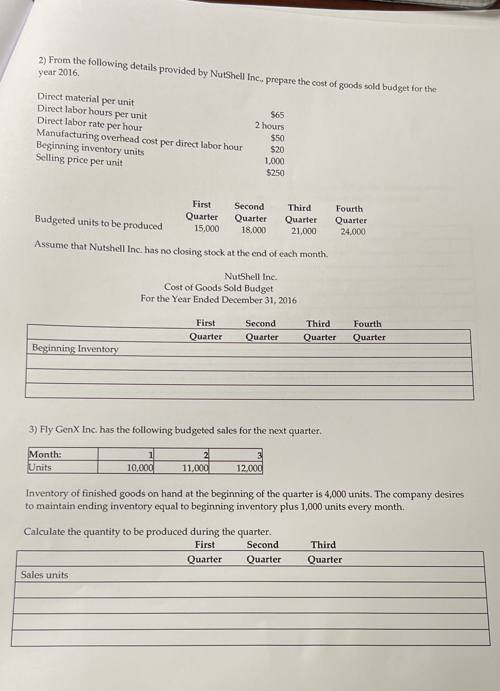 year 2016. 2) From the following details provided