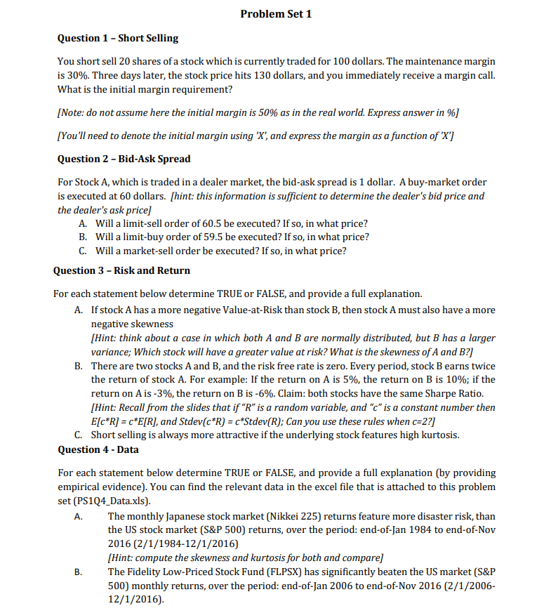 Problem Set 1 Question 1 - Short Selling You