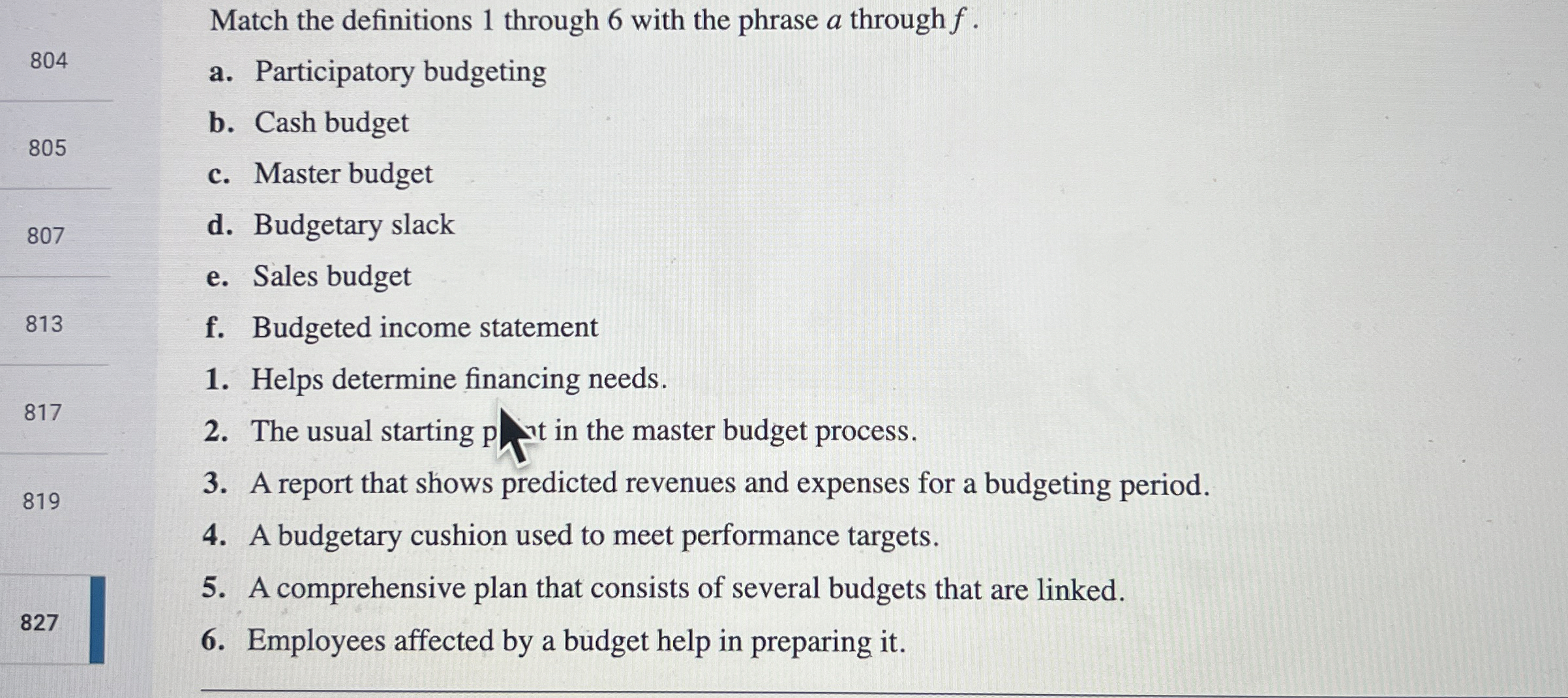 Match the definitions 1 through 6 with the phrase
