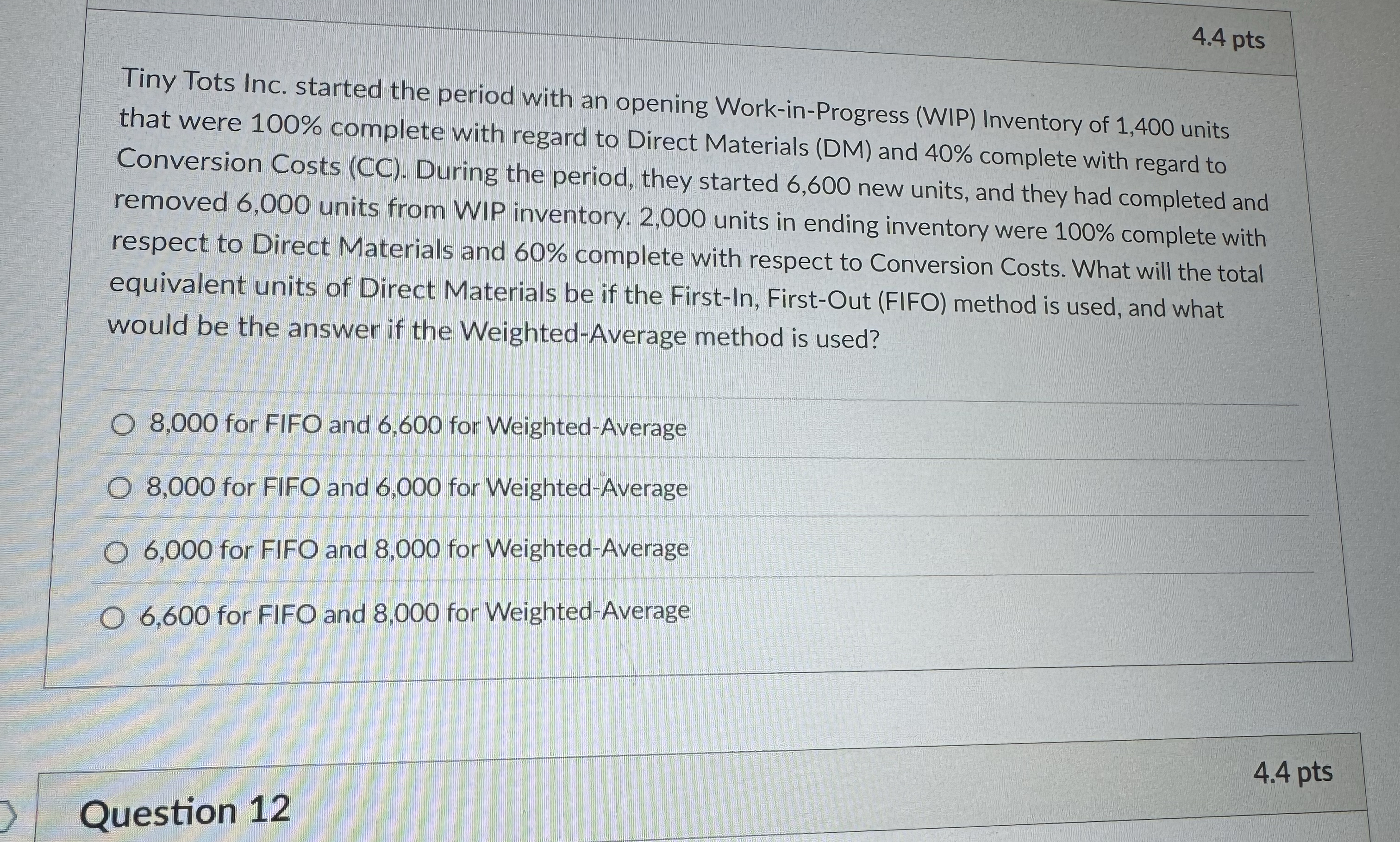 4 . 4 pts Tiny Tots Inc. started the period with