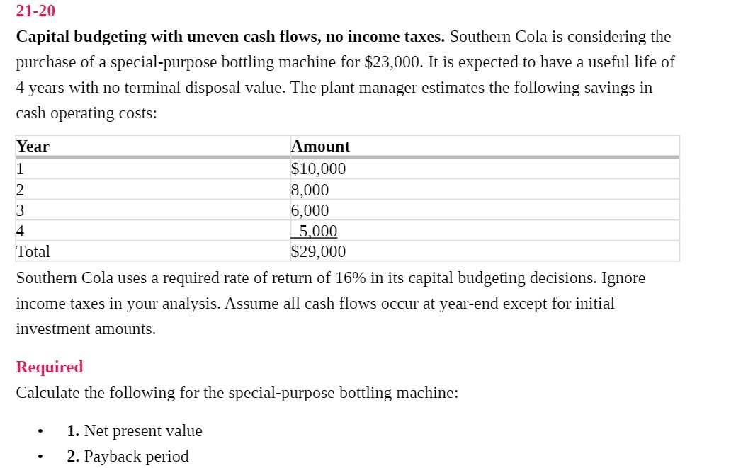 21-20 Capital budgeting with uneven cash flows,