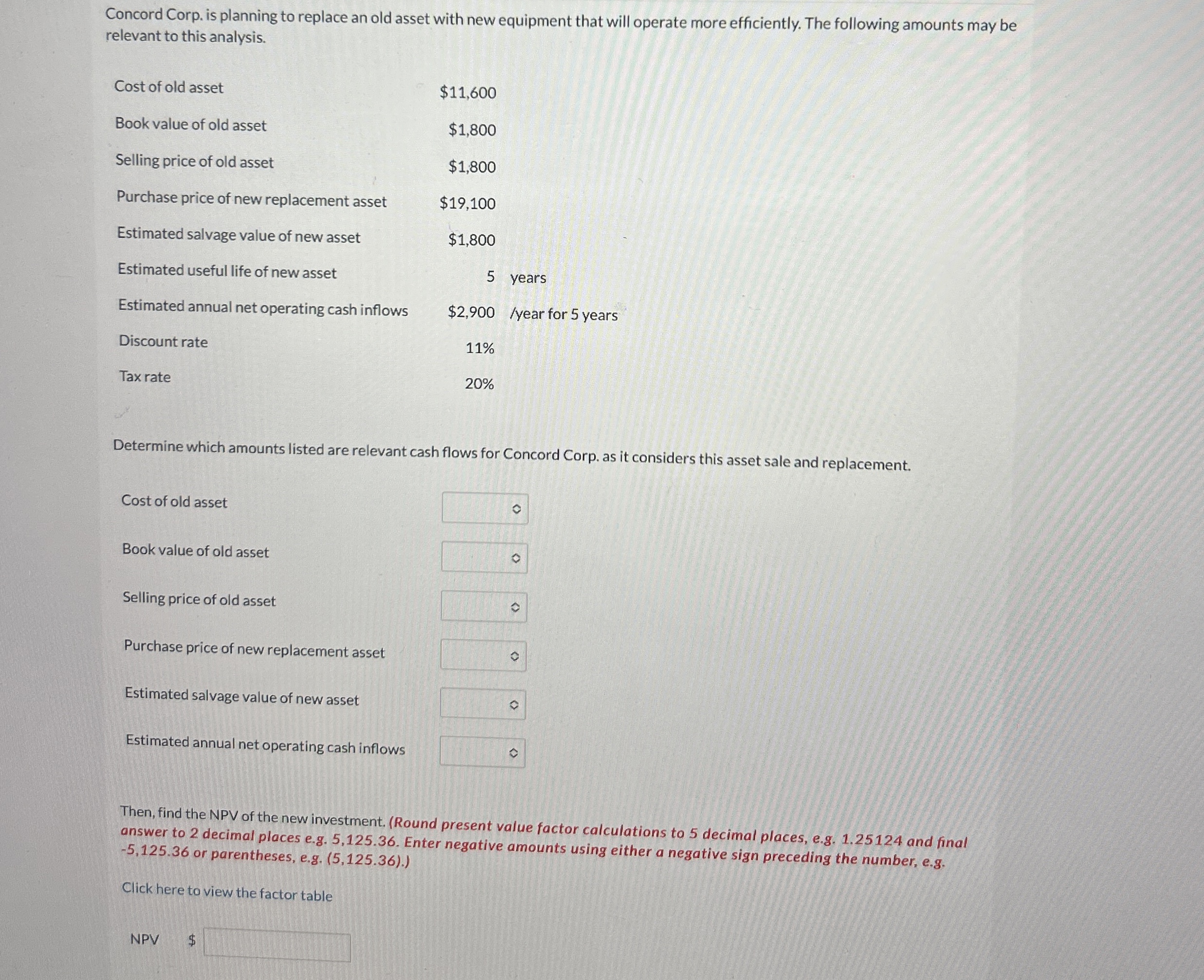 Concord Corp. is planning to replace an old asset