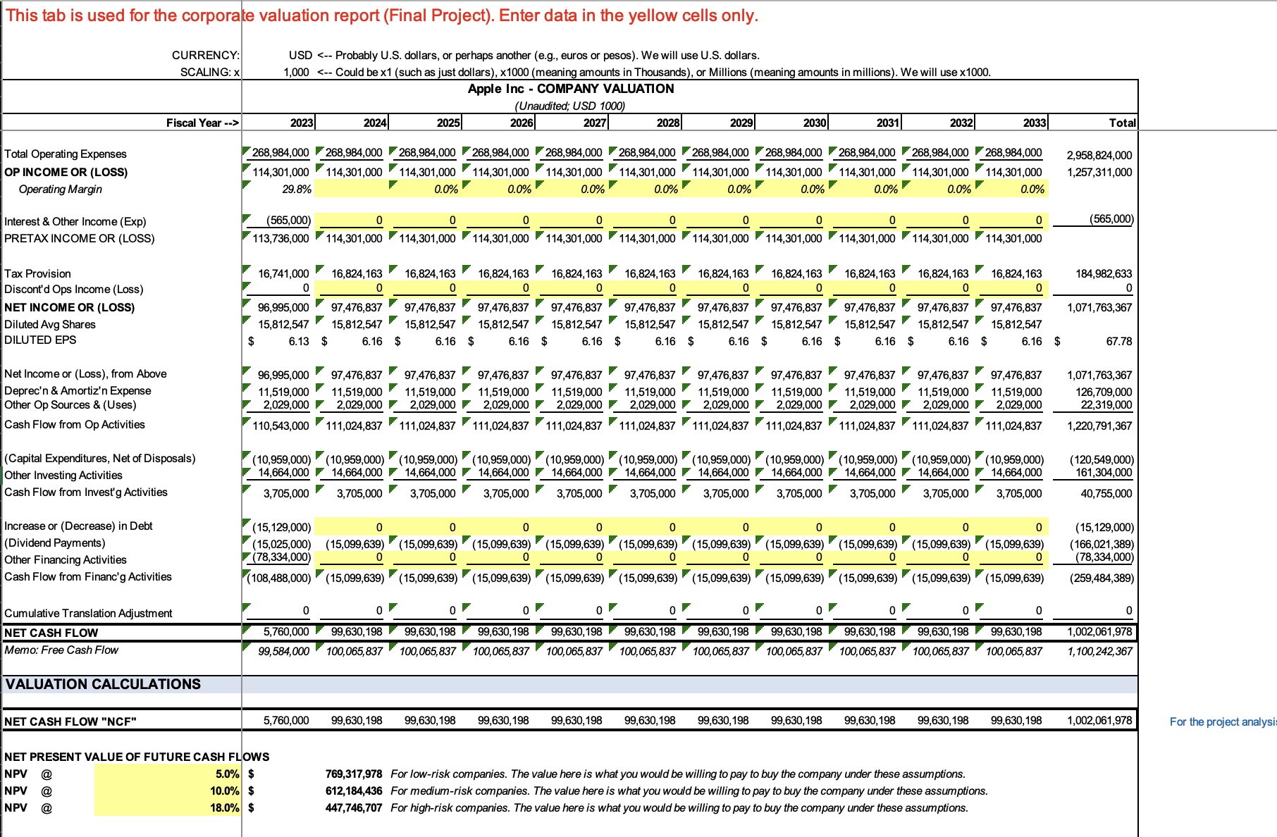 This tab is used for the corporate valuation