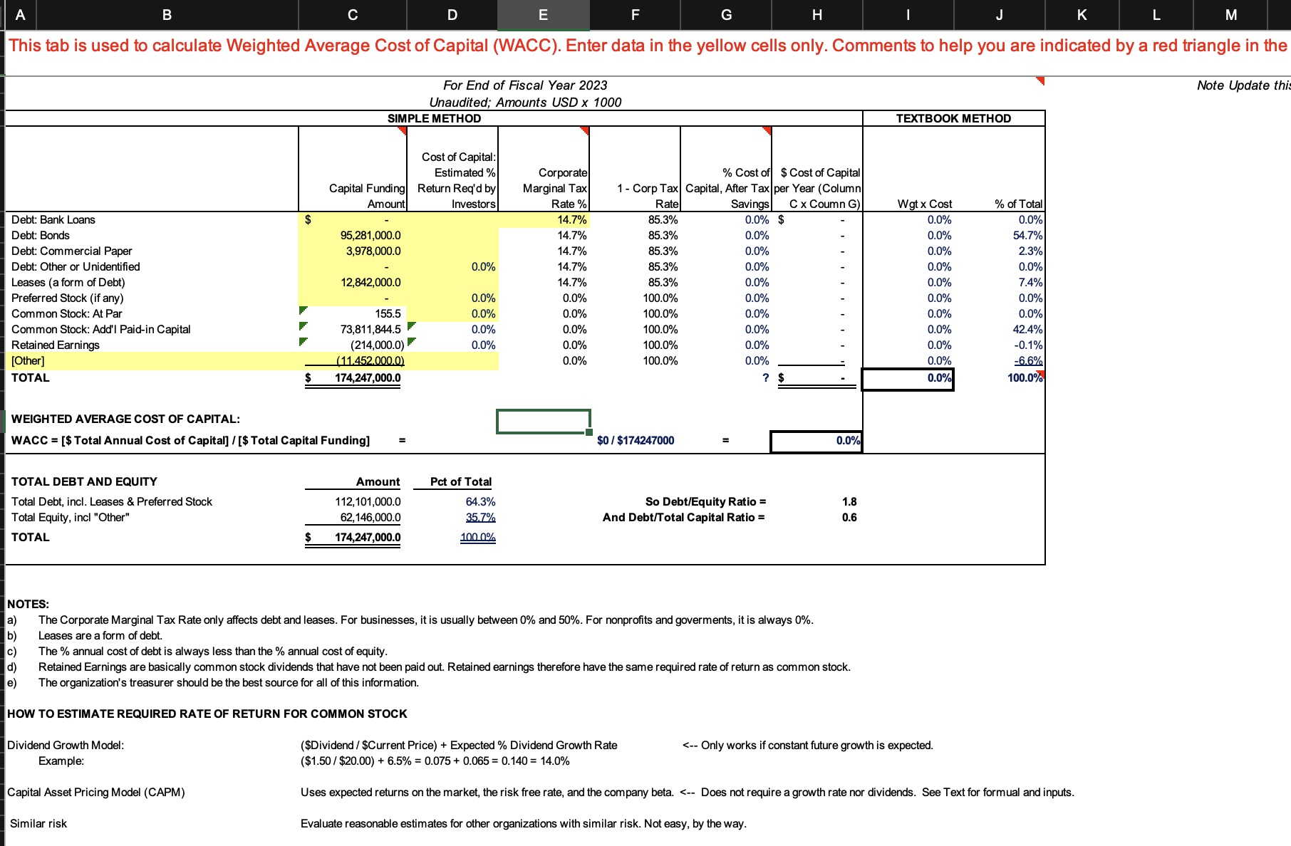 This tab is used for the corporate valuation