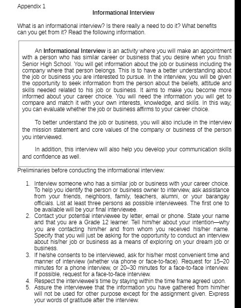 Appendix 1 Informational Interview What is an
