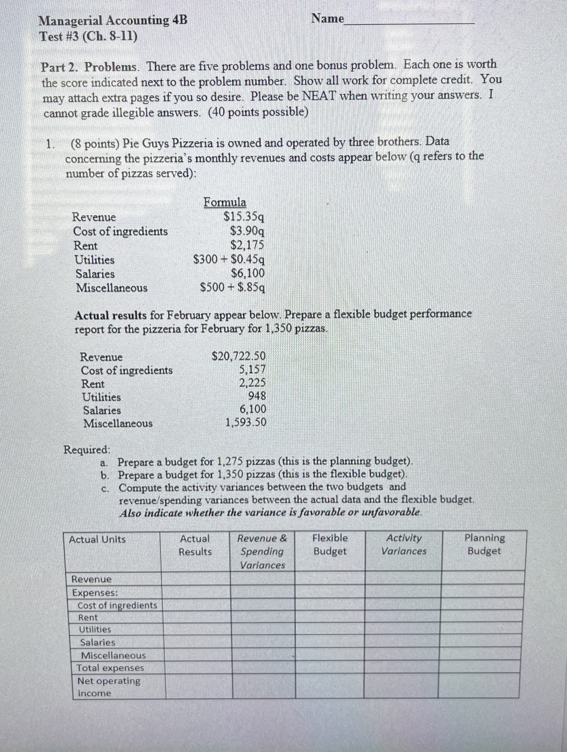 Managerial Accounting 4 B Name q , Test # 3 ( Ch