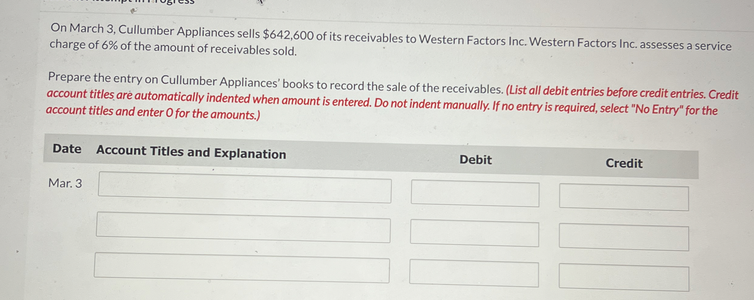 On March 3 , Cullumber Appliances sells $ 6 4 2 ,