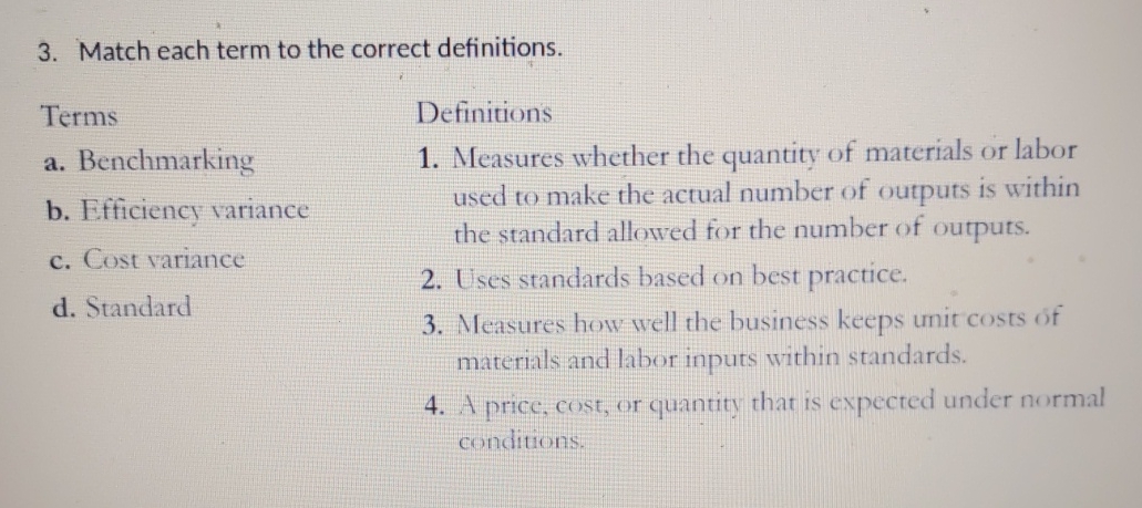 Match each term to the correct definitions. Terms