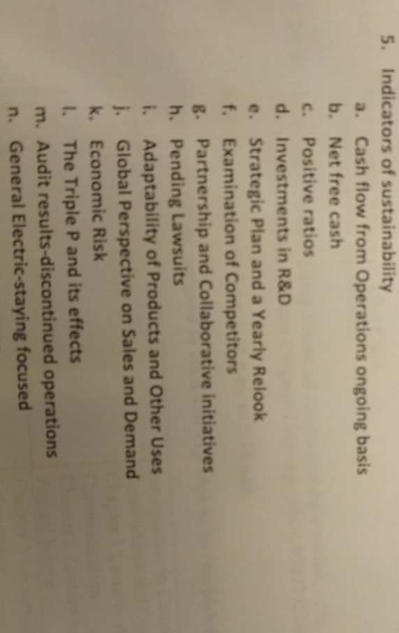 explain each of the indicators of sustainability