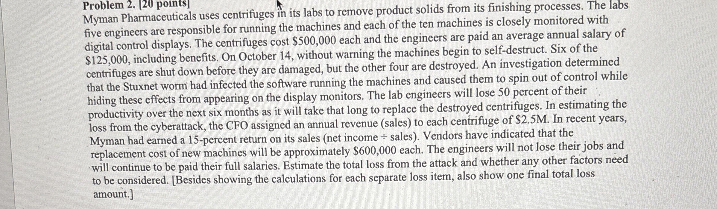 Problem 2 . [ 2 0 points ] Myman Pharmaceuticals