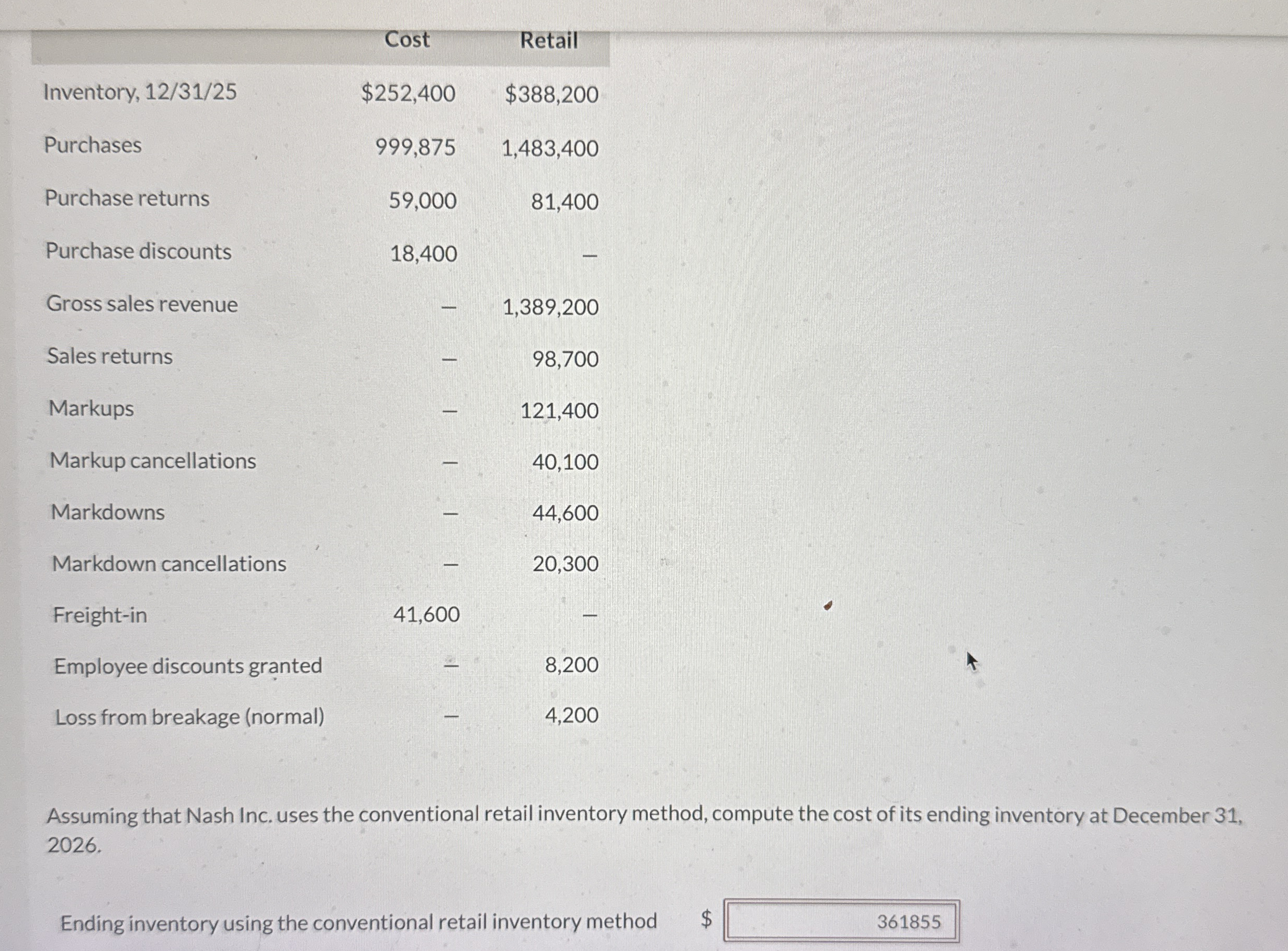 \ table [ [ , Cost,Retail ] , [ Inventory , 1 2 /