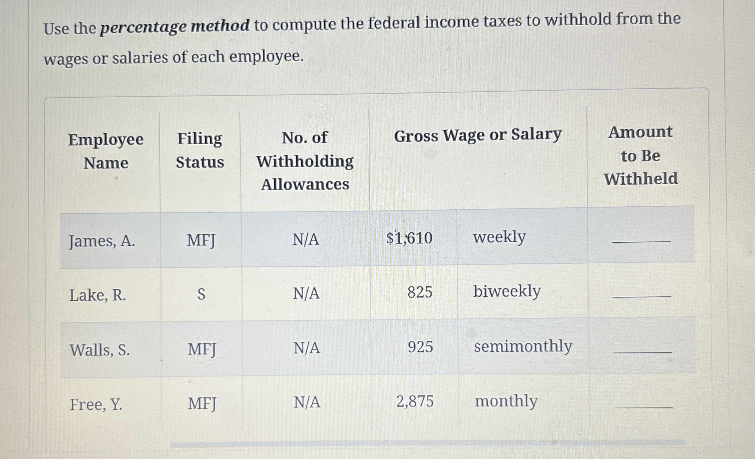 Use the percentage method to compute the federal