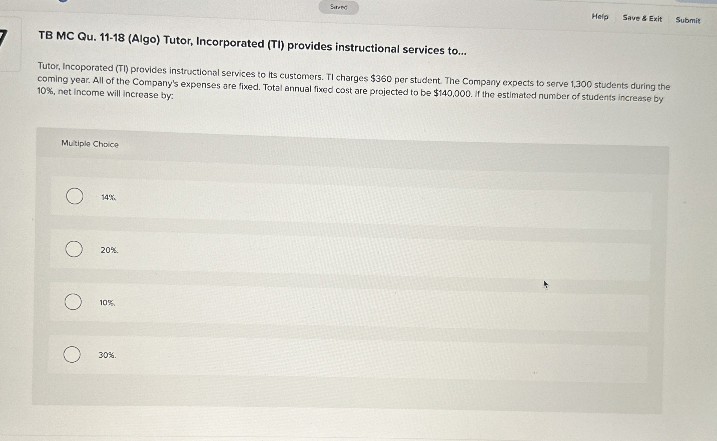 Help Save & Exit Submit TB MC Qu . 1 1 - 1 8 (