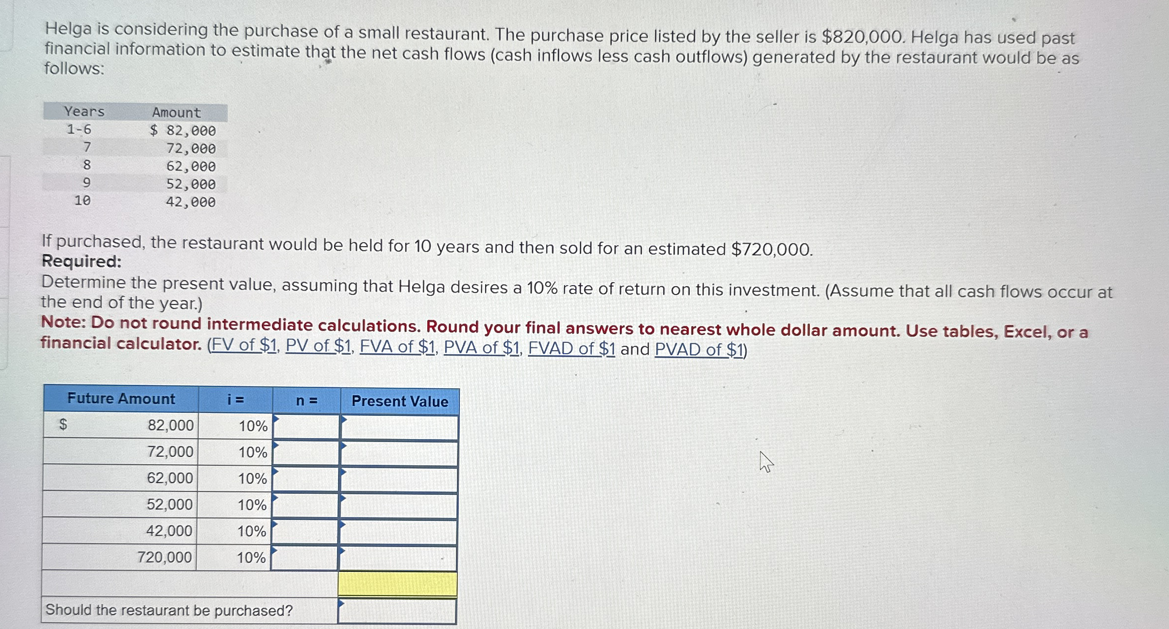 Helga is considering the purchase of a small