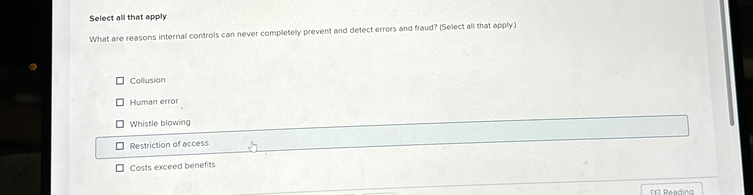 Select all that apply What are reasons internal
