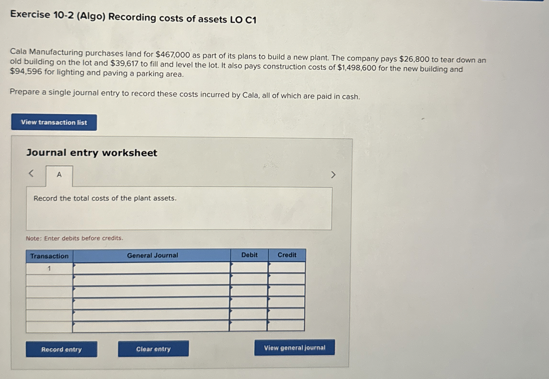 Exercise 1 0 - 2 ( Algo ) Recording costs of
