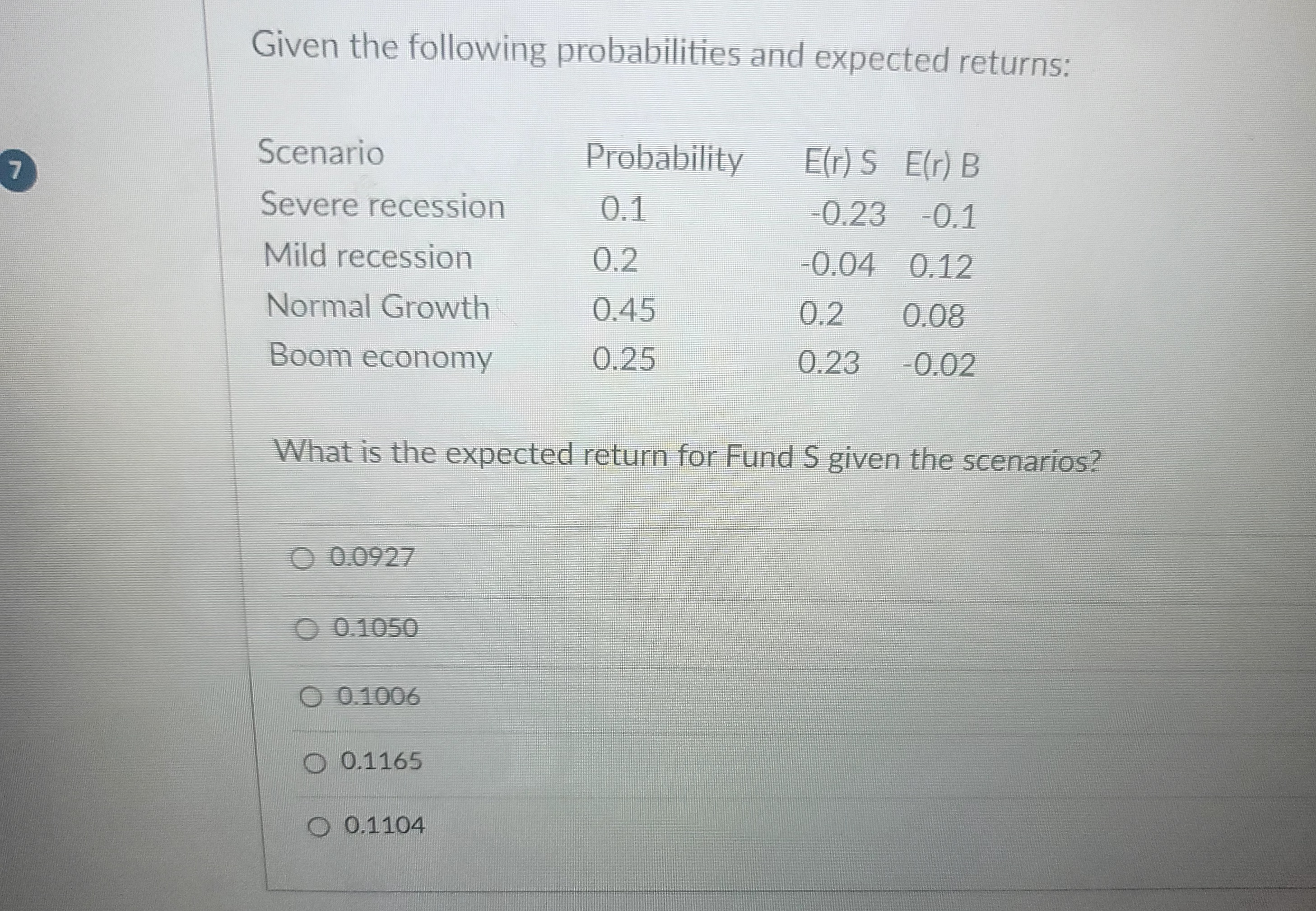Question 7 Given the following probabilities and
