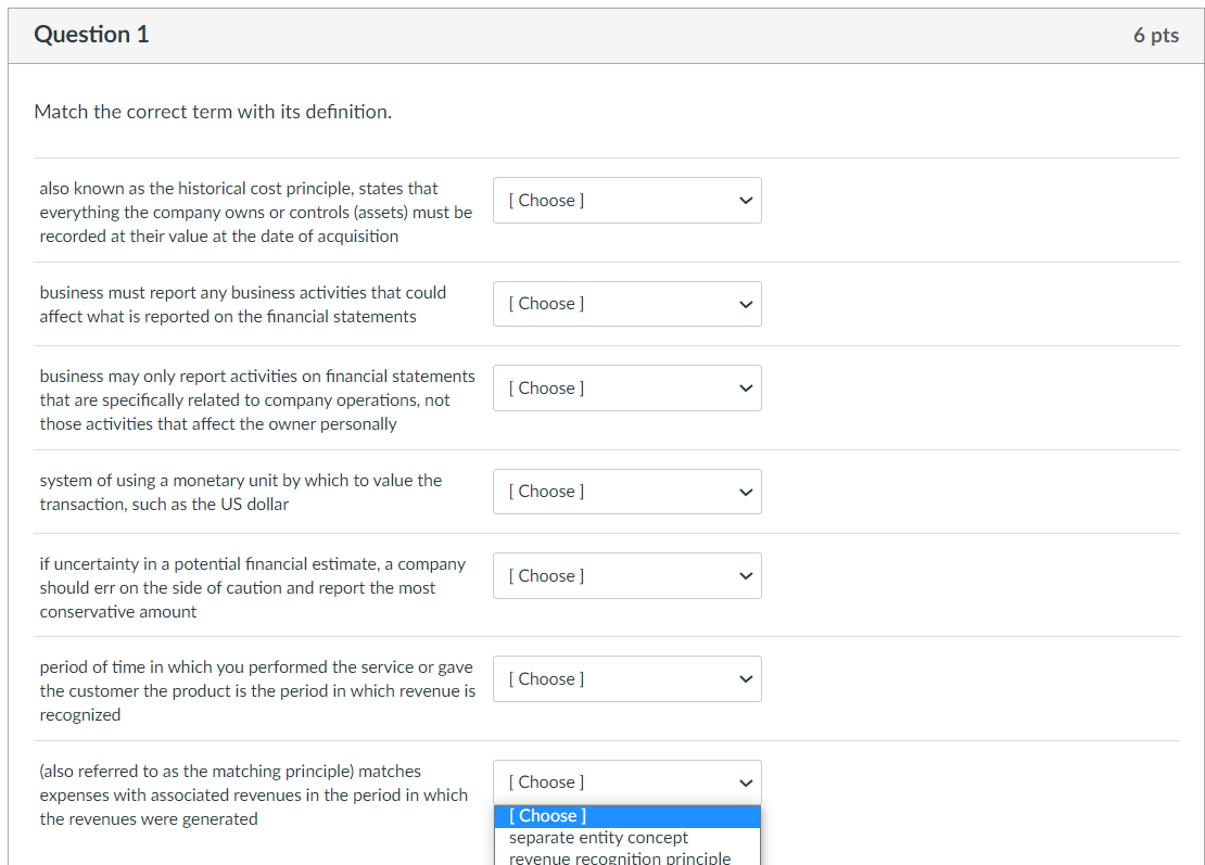 Question 1 6 pts Match the correct term with its