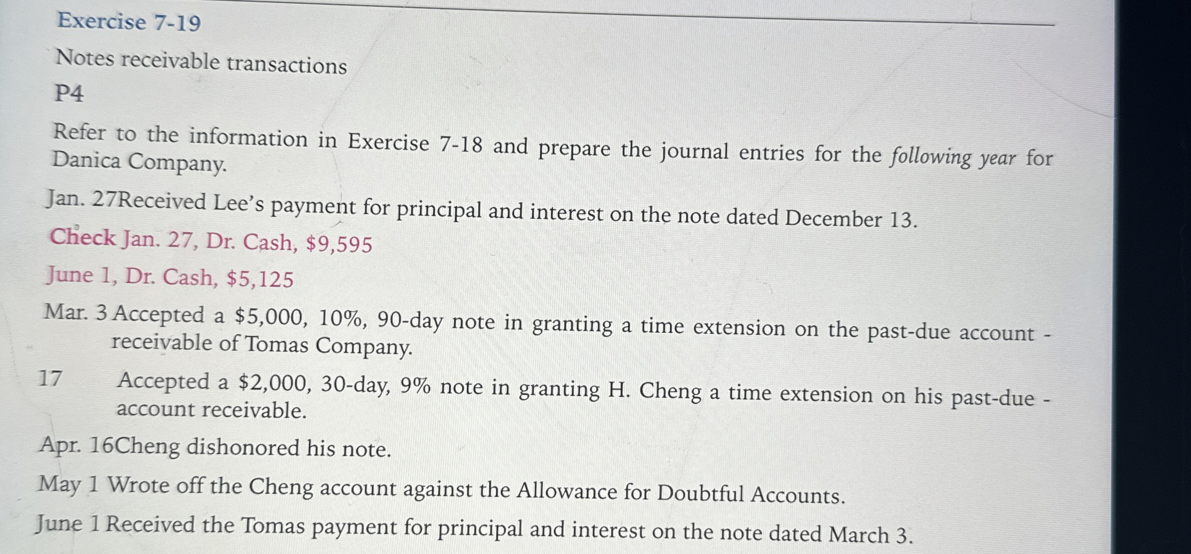 Exercise 7 - 1 9 Notes receivable transactions P