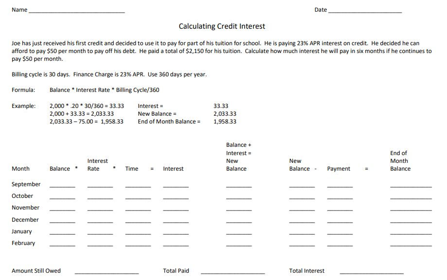 Name Date Calculating Credit Interest Joe has