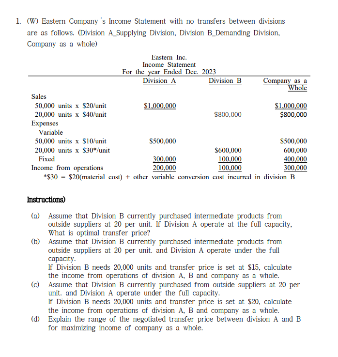 1 . ( W ) Eastern Company ' s Income Statement