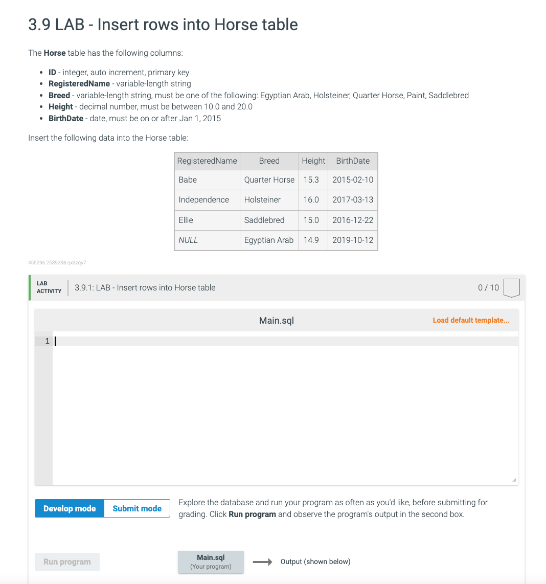 3.9 LAB - Insert rows into Horse table The Horse