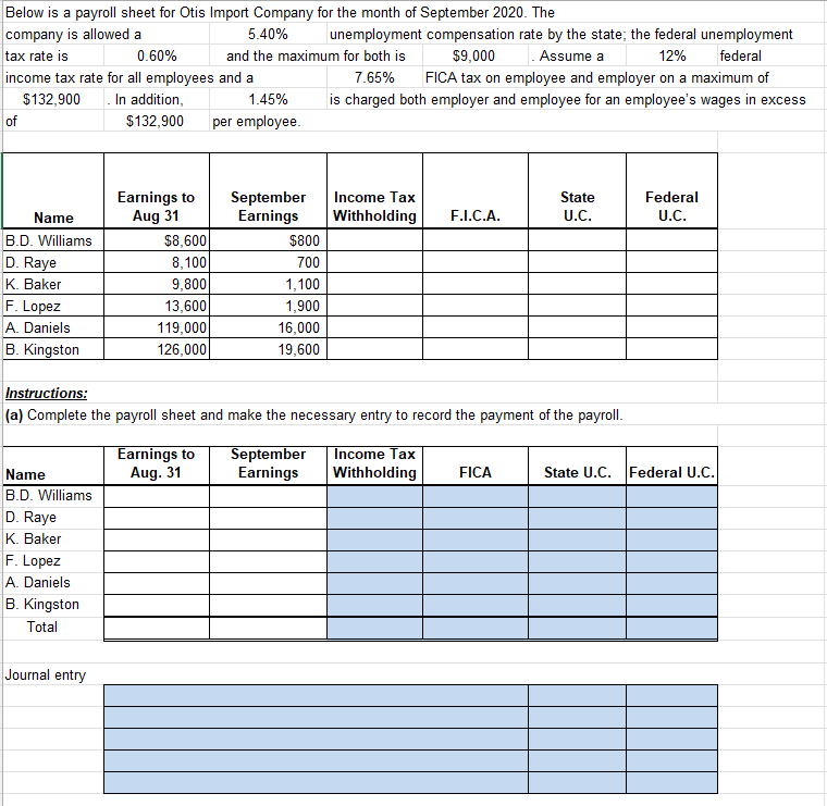 Below is a payroll sheet for Otis Import Company