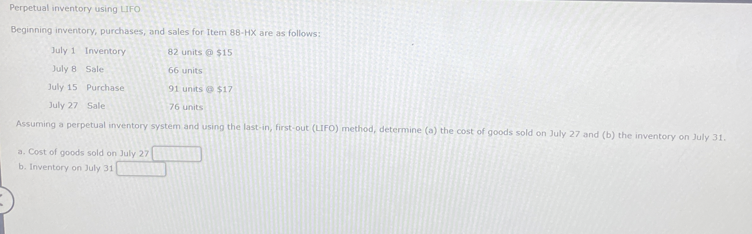 Perpetual inventory using LIFO Beginning