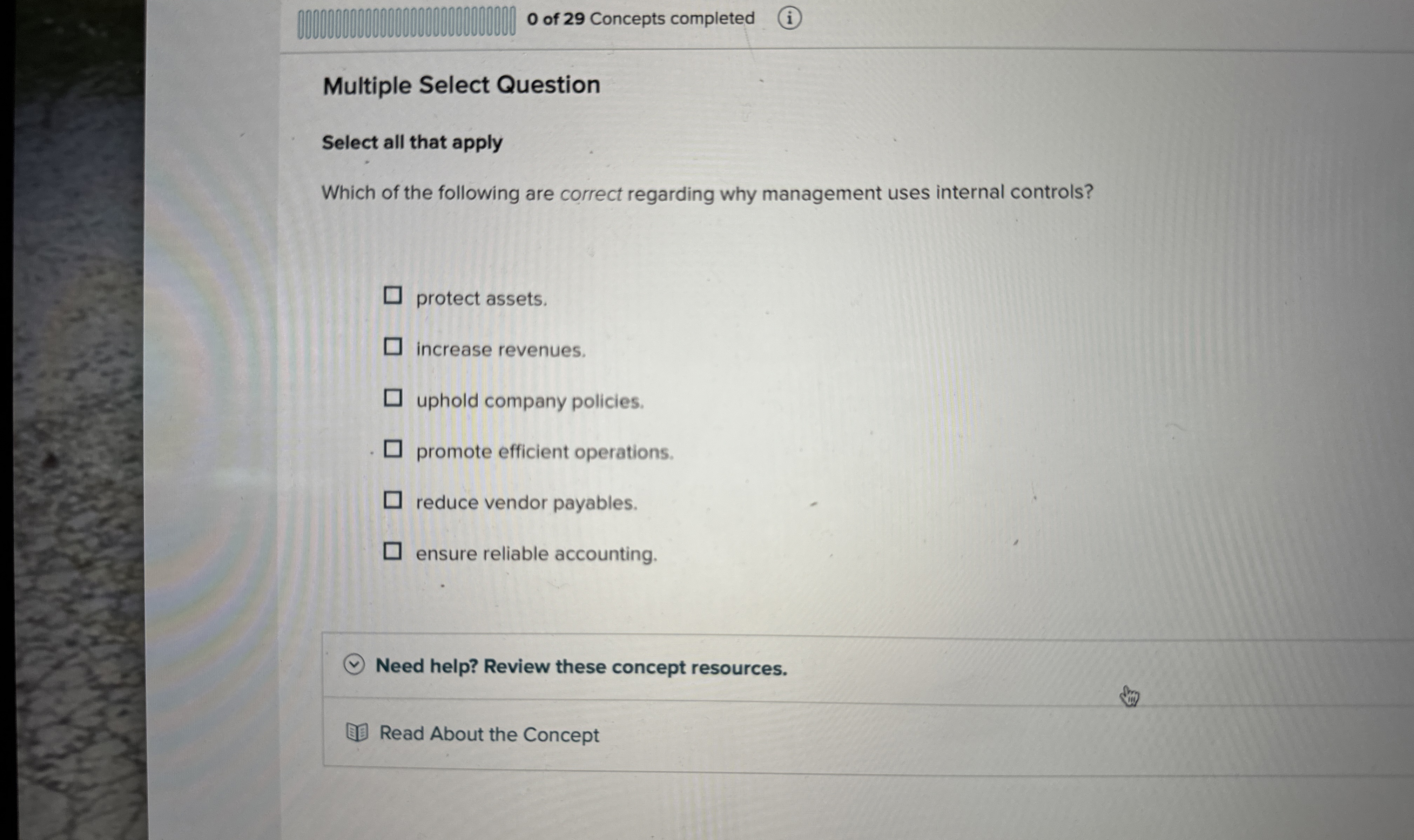 0 of 2 9 Concepts completed ( i ) Multiple Select