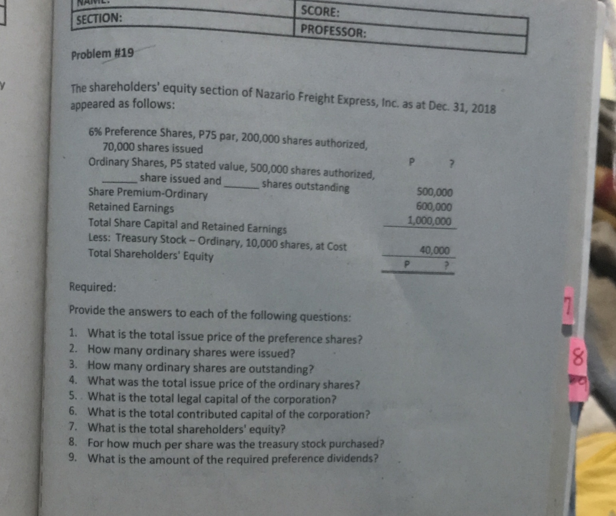 SCORE: SECTION: PROFESSOR: Problem #19 The