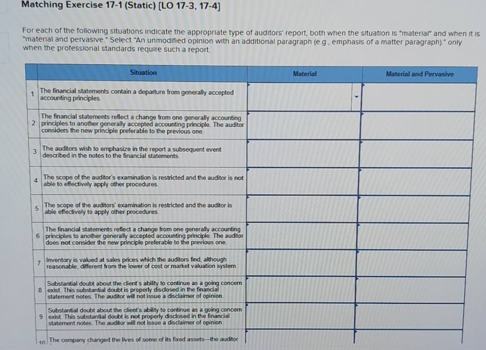 Matching Exercise 1 7 - 1 ( Static ) ( LO 1 7 - 3