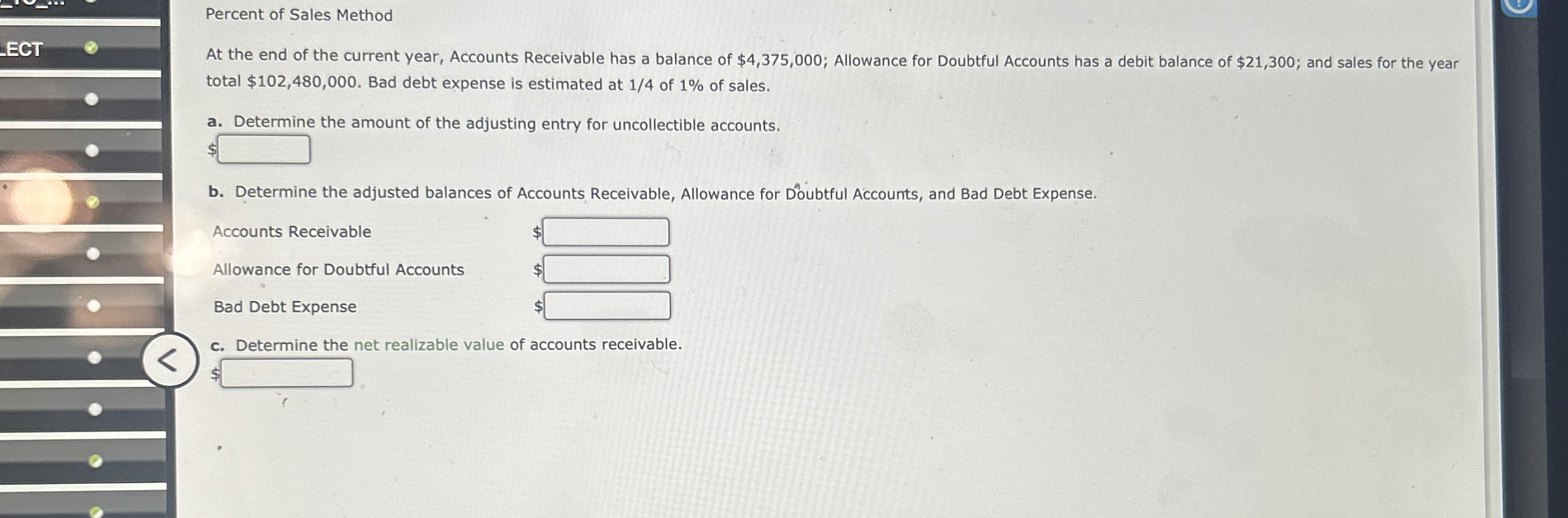 Percent of Sales Method At the end of the current