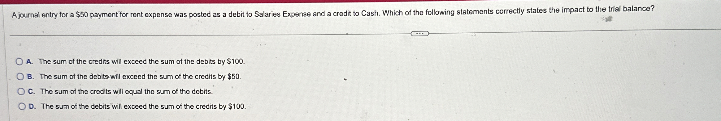 A journal entry for a $ 5 0 payment for rent