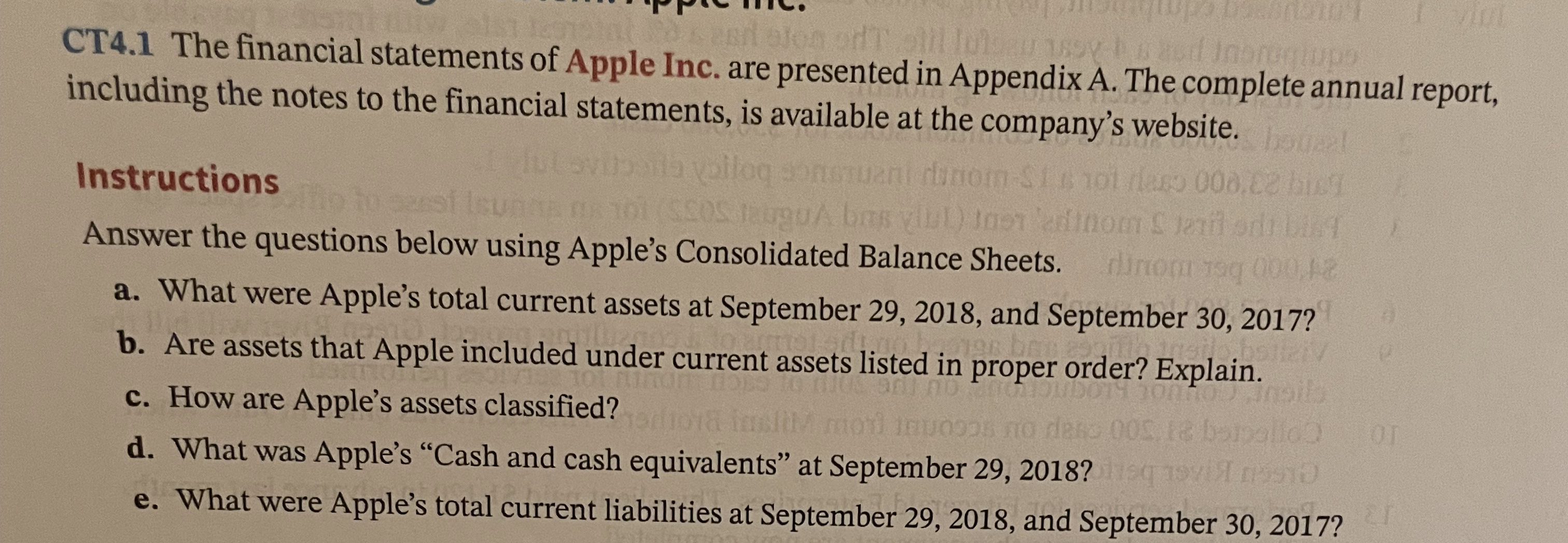 Financial Reporting Problem: Apple Inc. CT 4 . 1