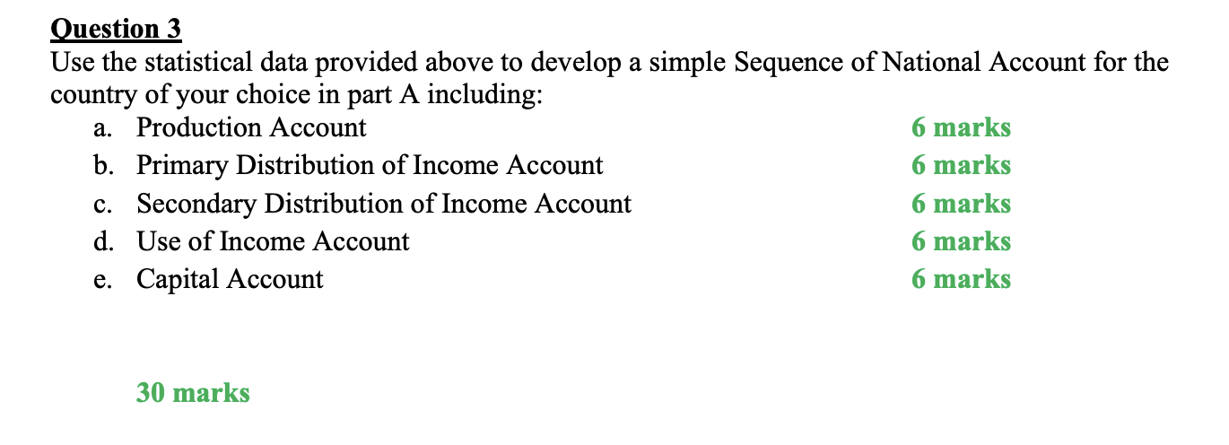 Question 3 Use the statistical data provided
