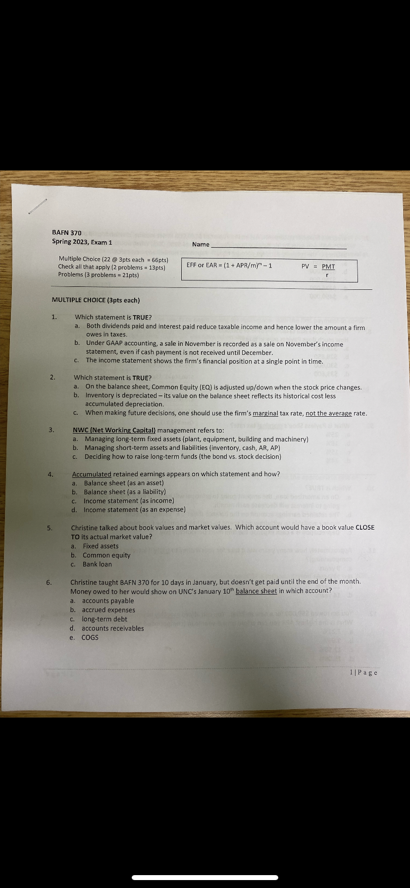 BAFN 370 Spring 2023, Exam 1 Name Multiple Choice