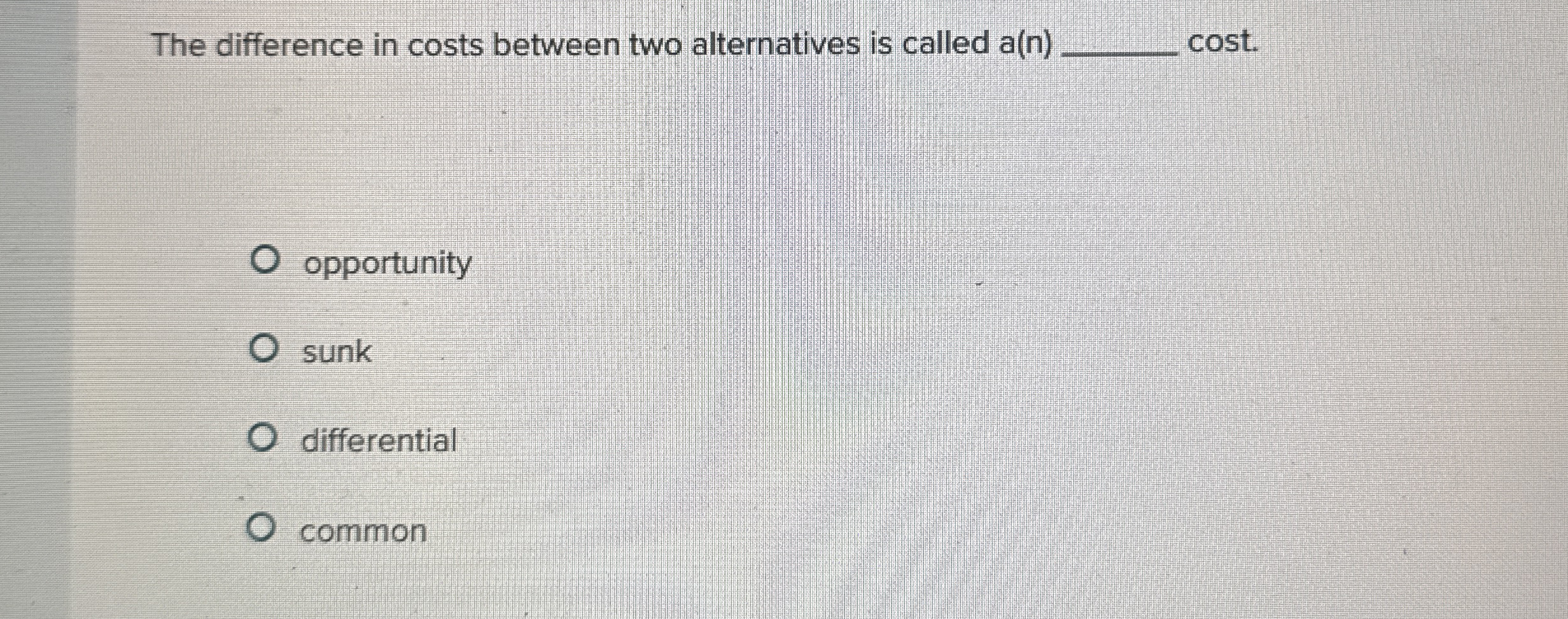 The difference in costs between two alternatives