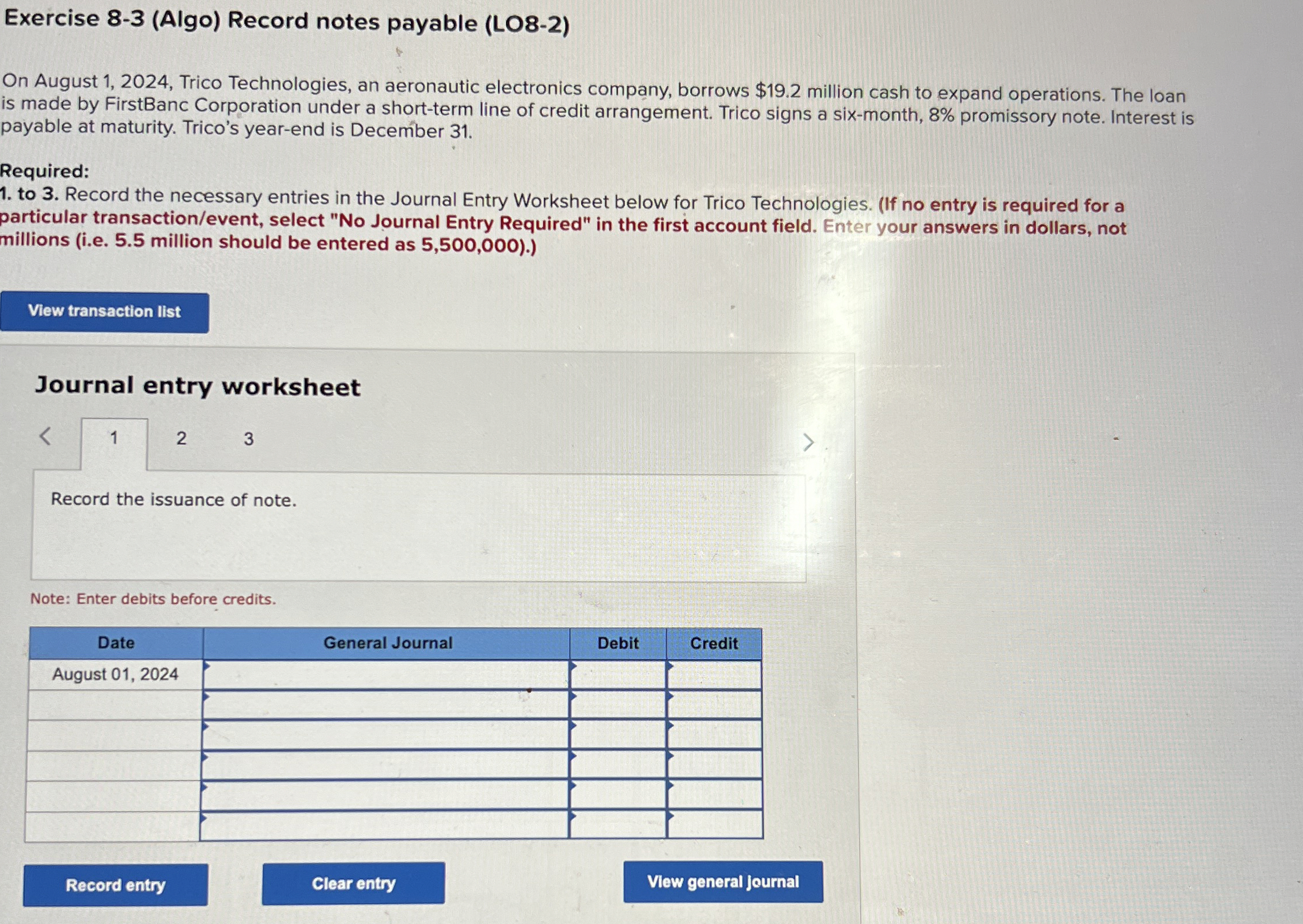 Exercise 8 - 3 ( Algo ) Record notes payable ( LO