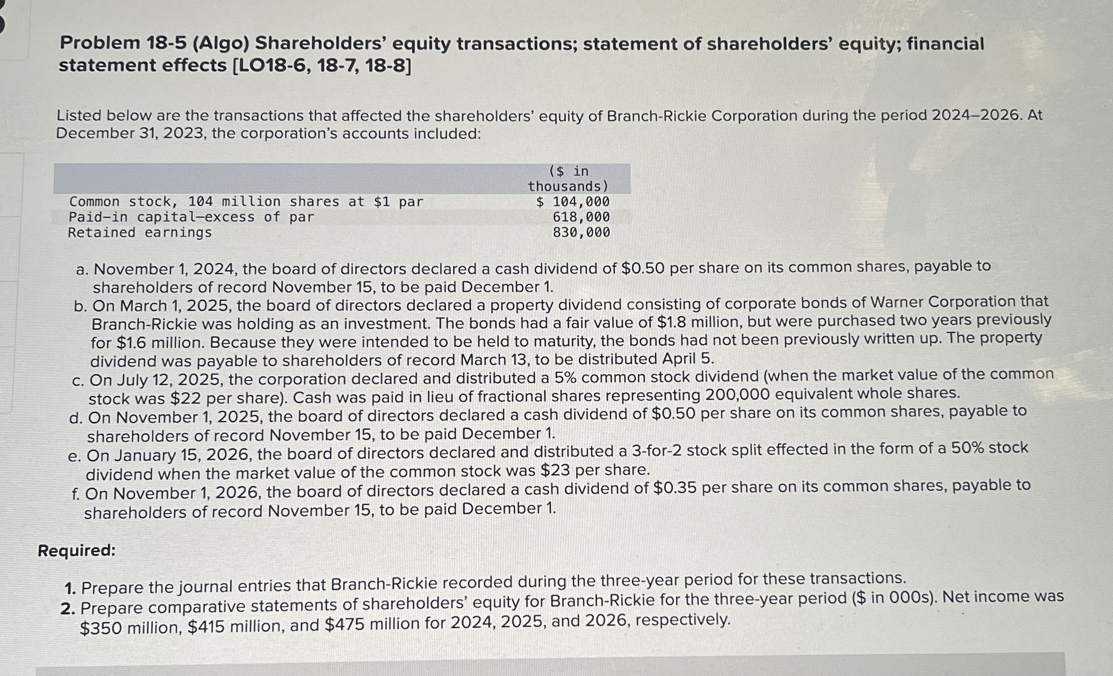 Problem 1 8 - 5 ( Algo ) Shareholders' equity