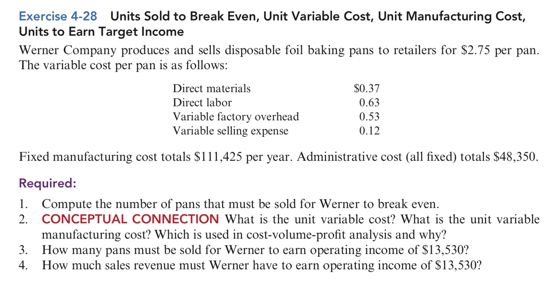 Exercise 4 - 2 8 Units Sold to Break Even, Unit