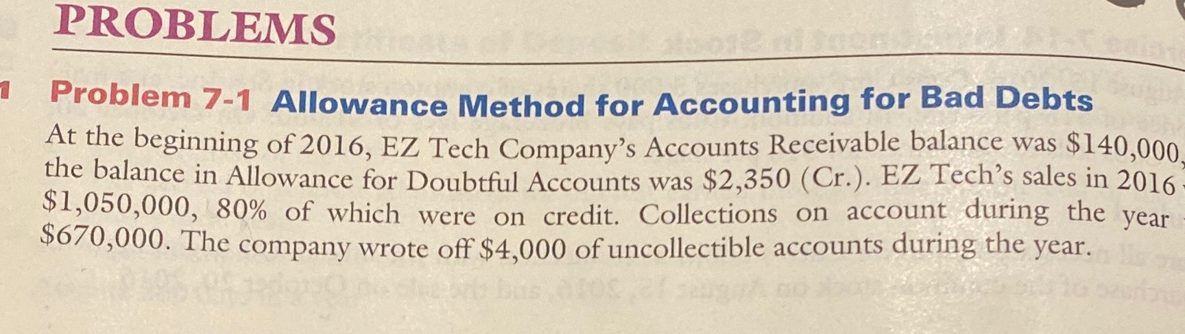 PROBLEMS Problem 7-1 Allowance Method for