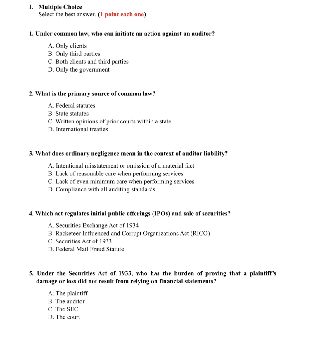 1. Multiple Choice Select the best answer. (1