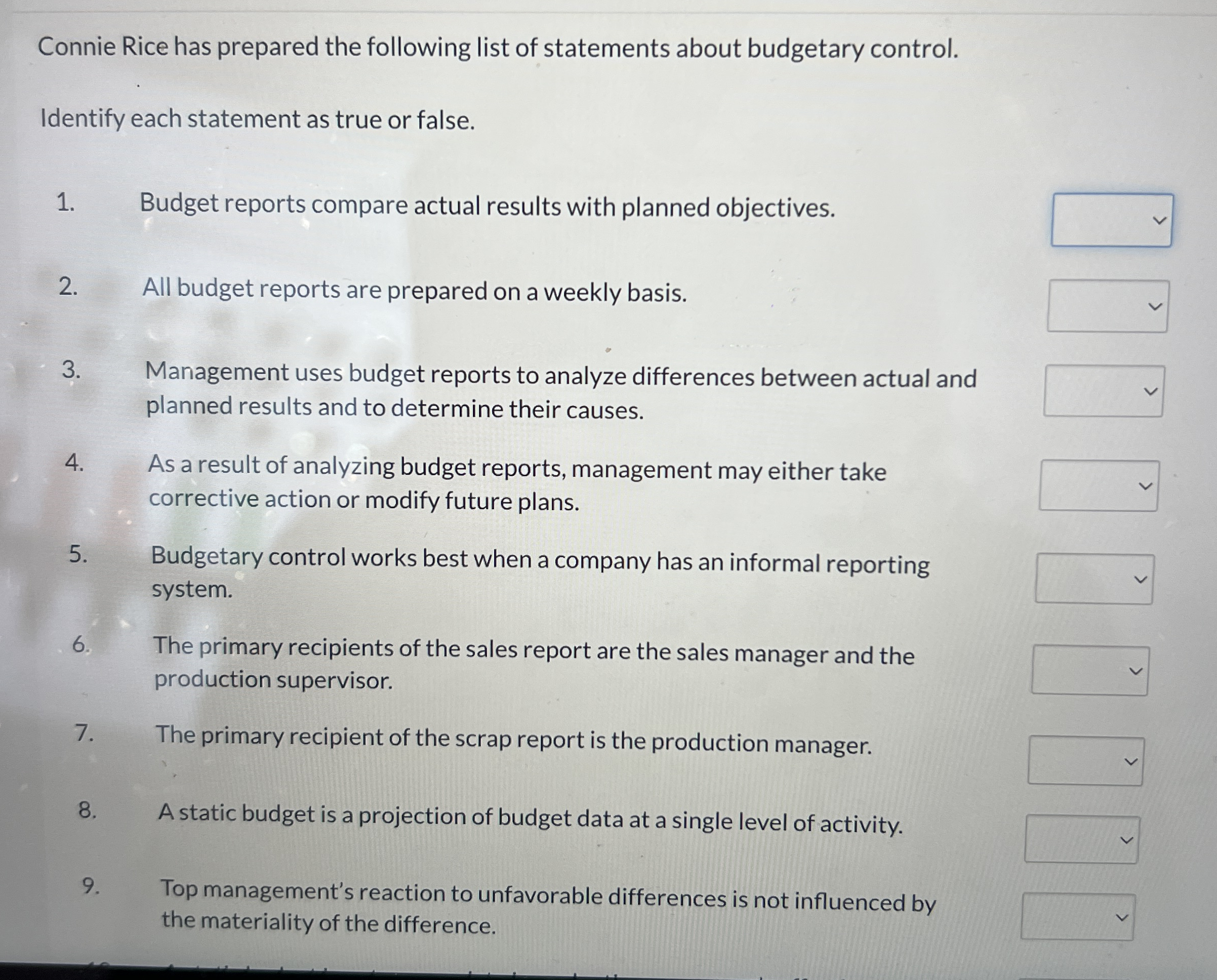 Connie Rice has prepared the following list of