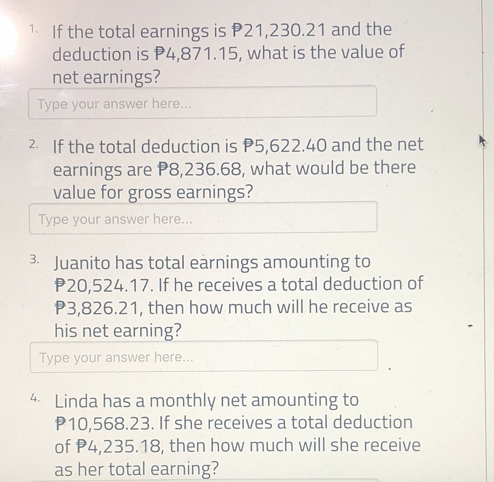 1. If the total earnings is P21,230.21 and the