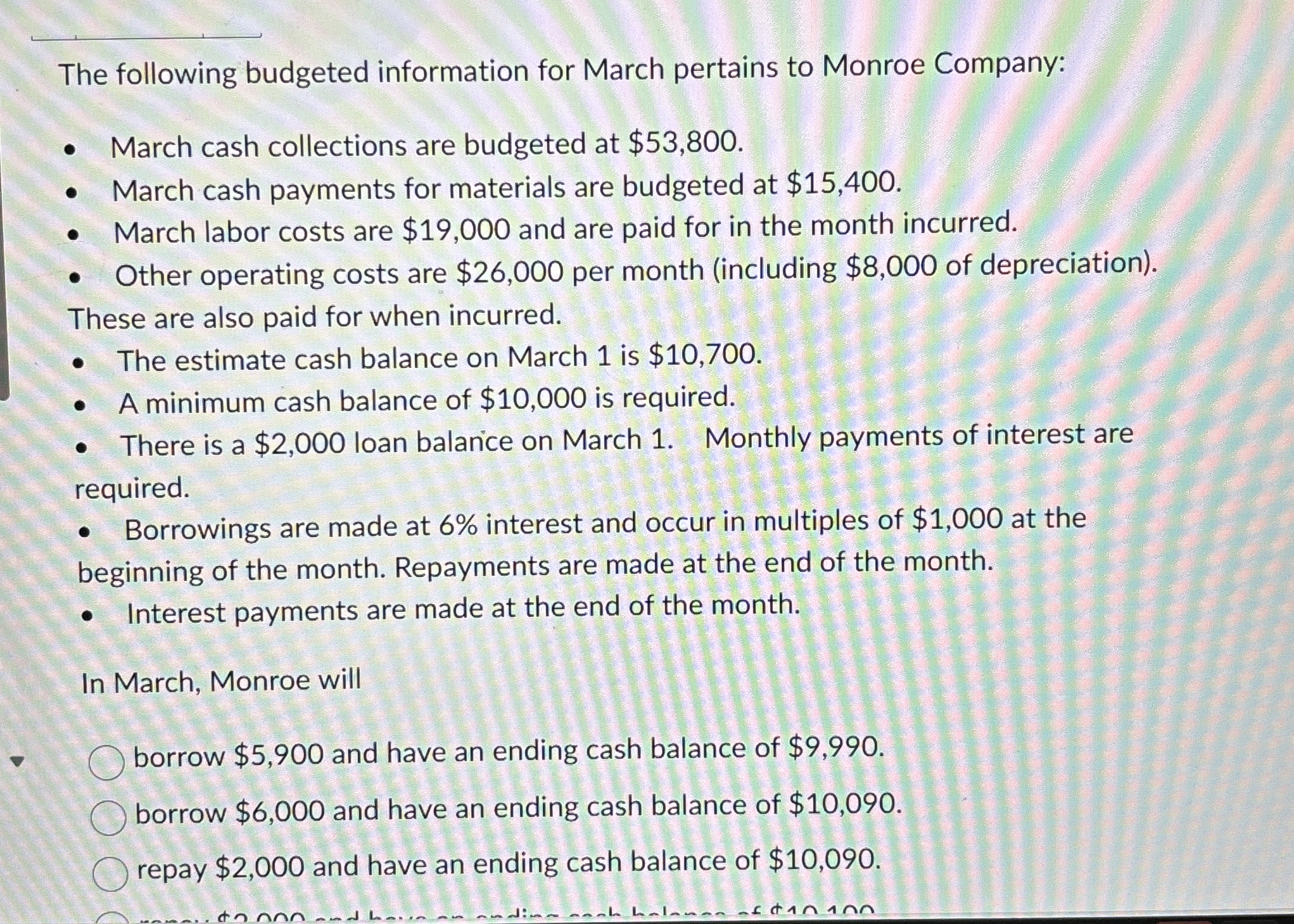 The following budgeted information for March