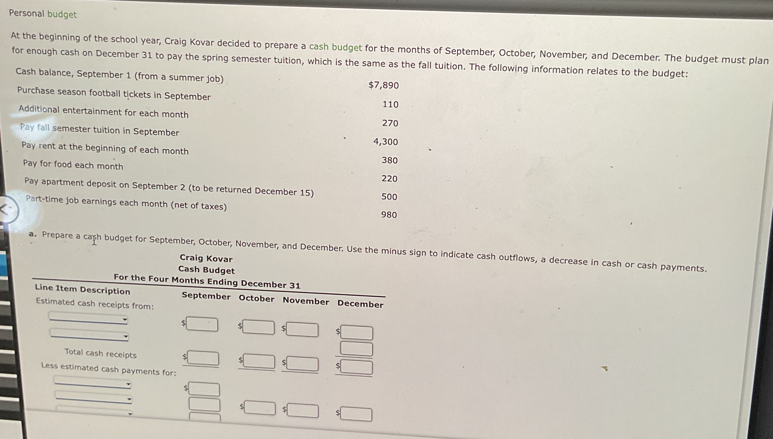 Personal budget At the beginning of the school