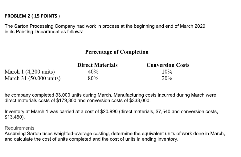 PROBLEM 2 ( 1 5 POINTS ) The Sarton Processing