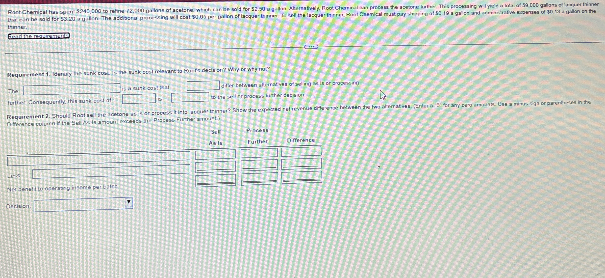 thinner. Requirement 1 . Identify the sunk cost.