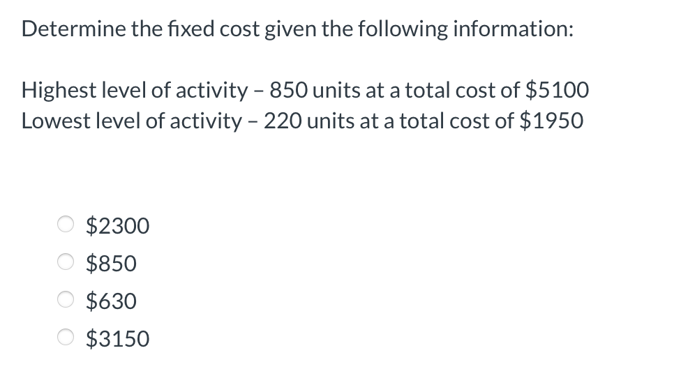 Determine the fixed cost given the following