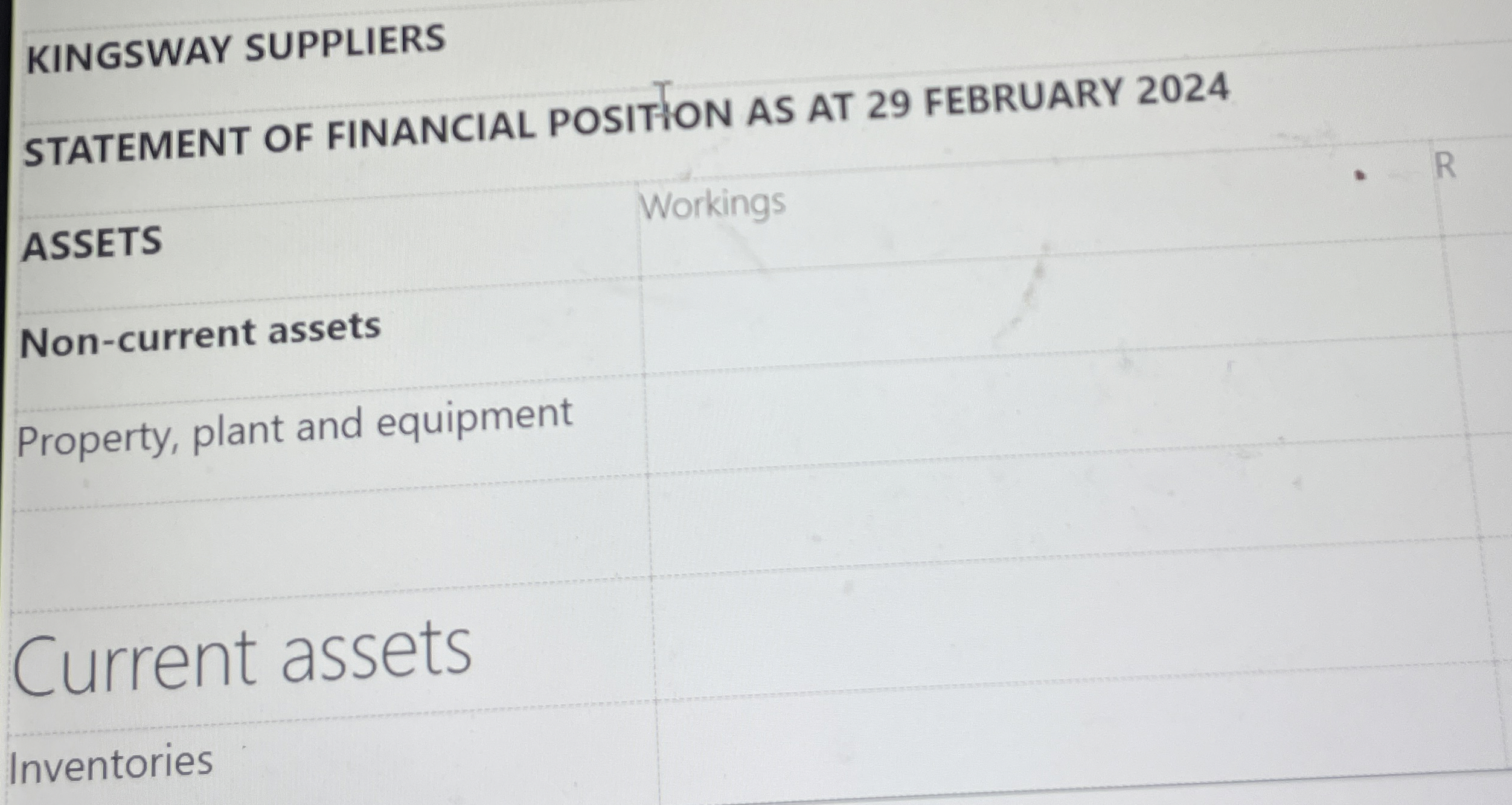 KINGSWAY SUPPLIERS STATEMENT OF FINANCIAL